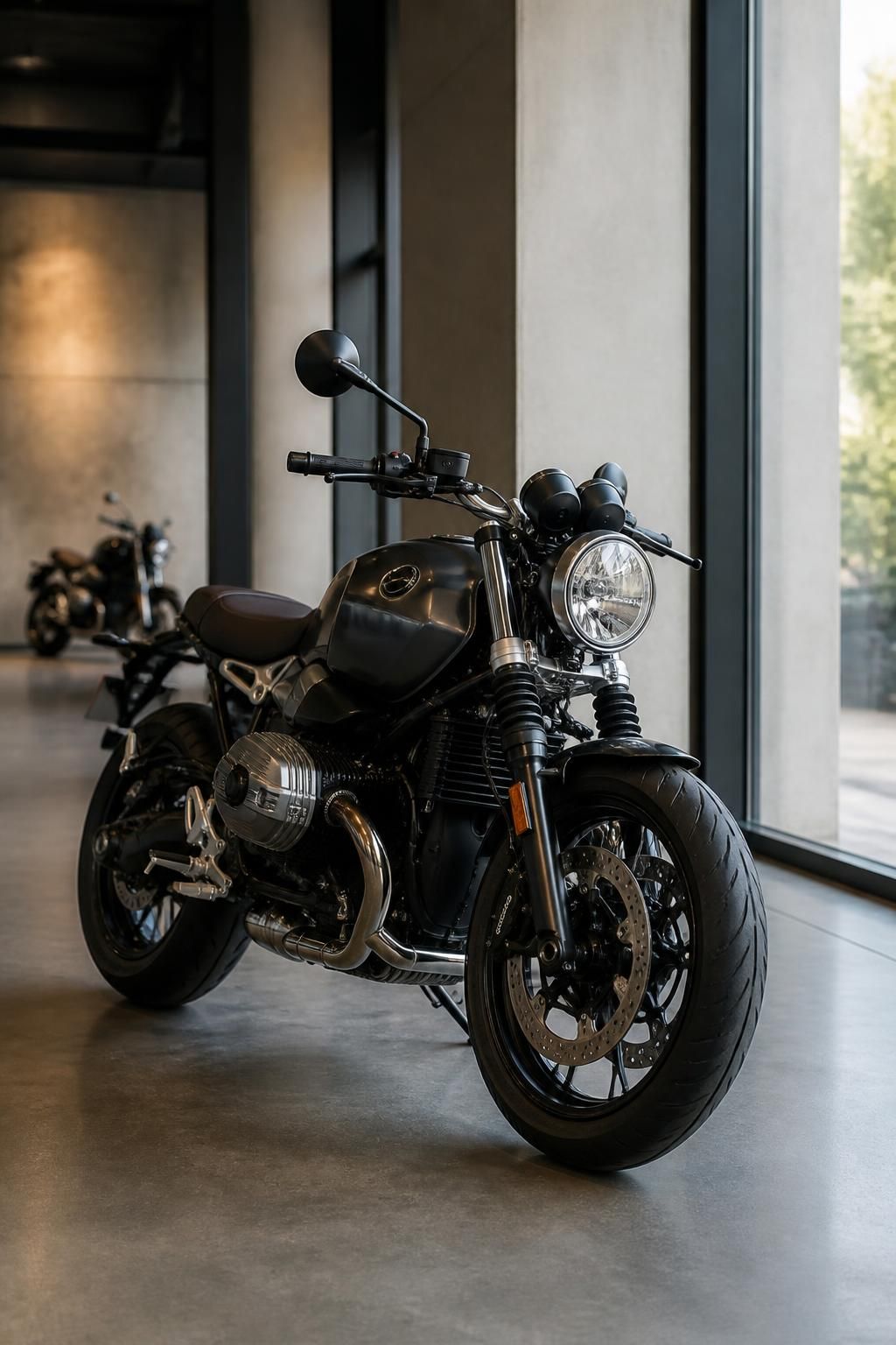 Clean motorcycle showroom with a premium bike in soft natural light