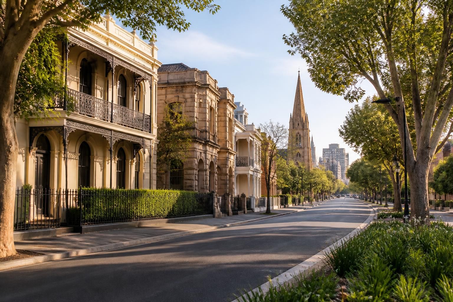 Adelaide city street with leafy surroundings and clean architecture
