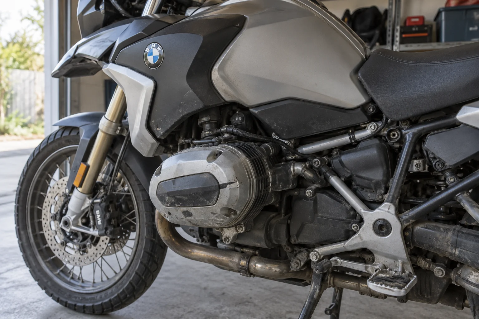 Close view of a used BMW boxer engine and its visible condition