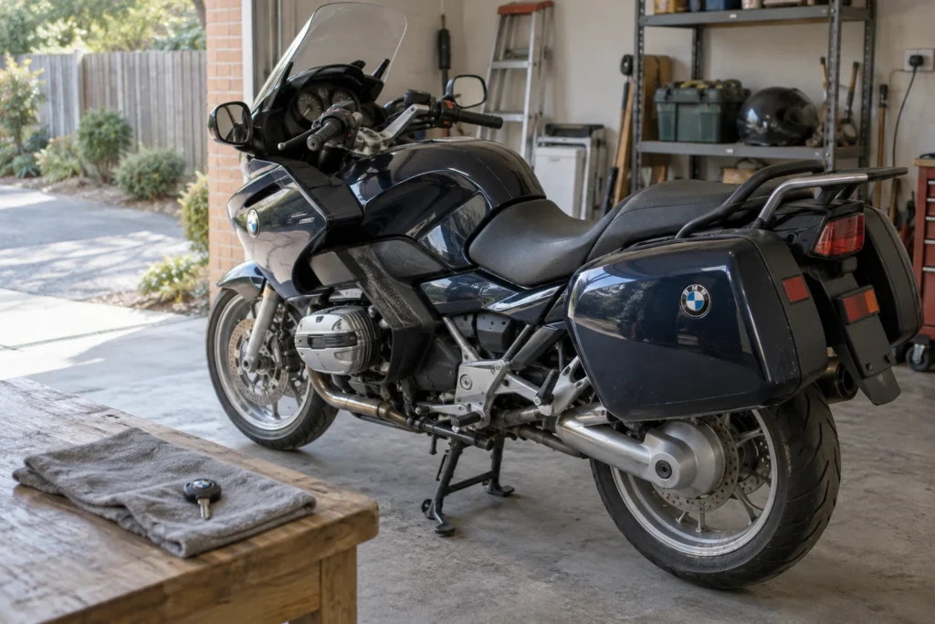 BMW touring motorcycle with matching panniers and a key nearby