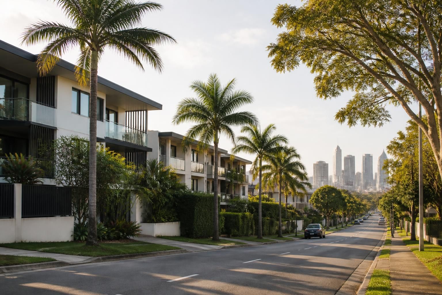 Brisbane streetscape with palm-lined roads and modern buildings
