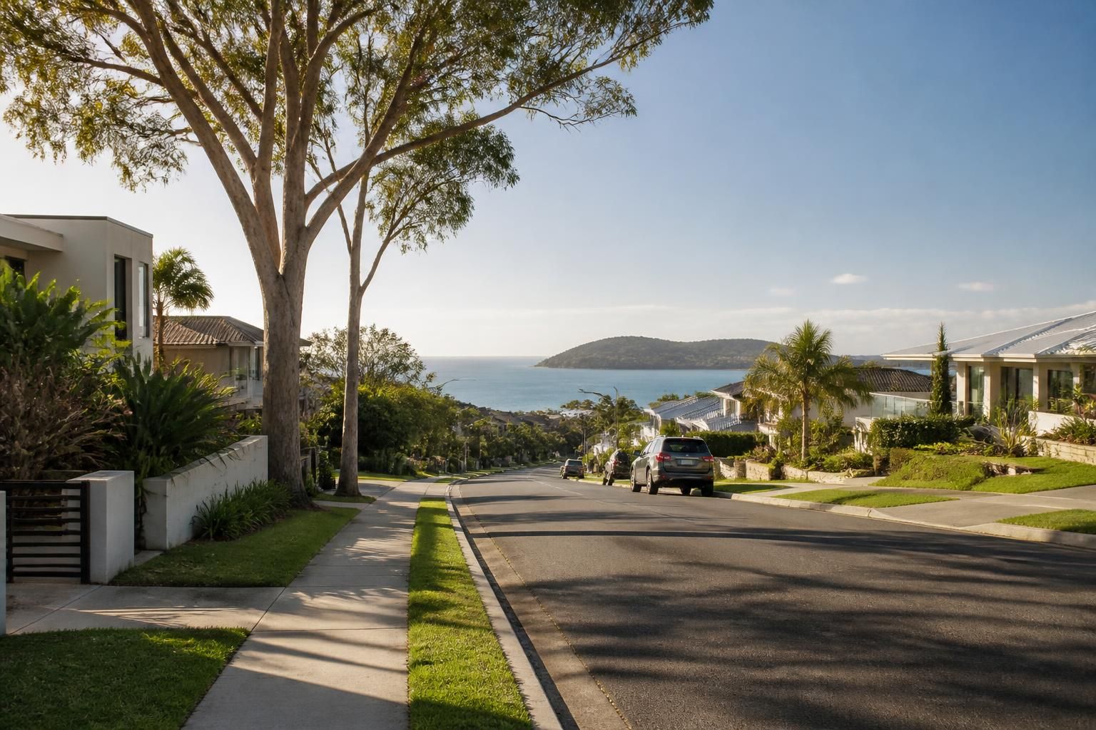 Central Coast streetscape with greenery and coastal feel
