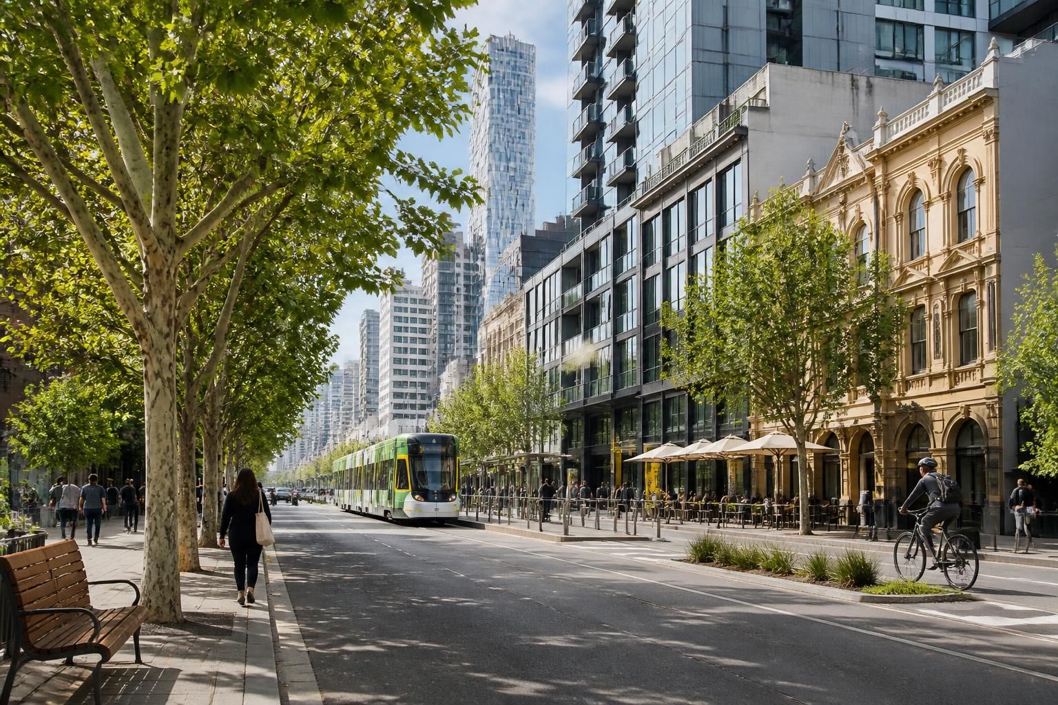 Modern Melbourne streetscape with clean city architecture