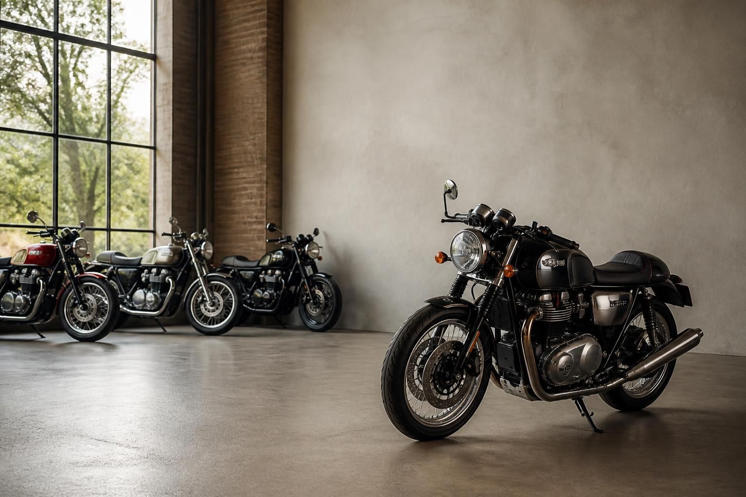 Premium motorcycle in a clean open space with room for text