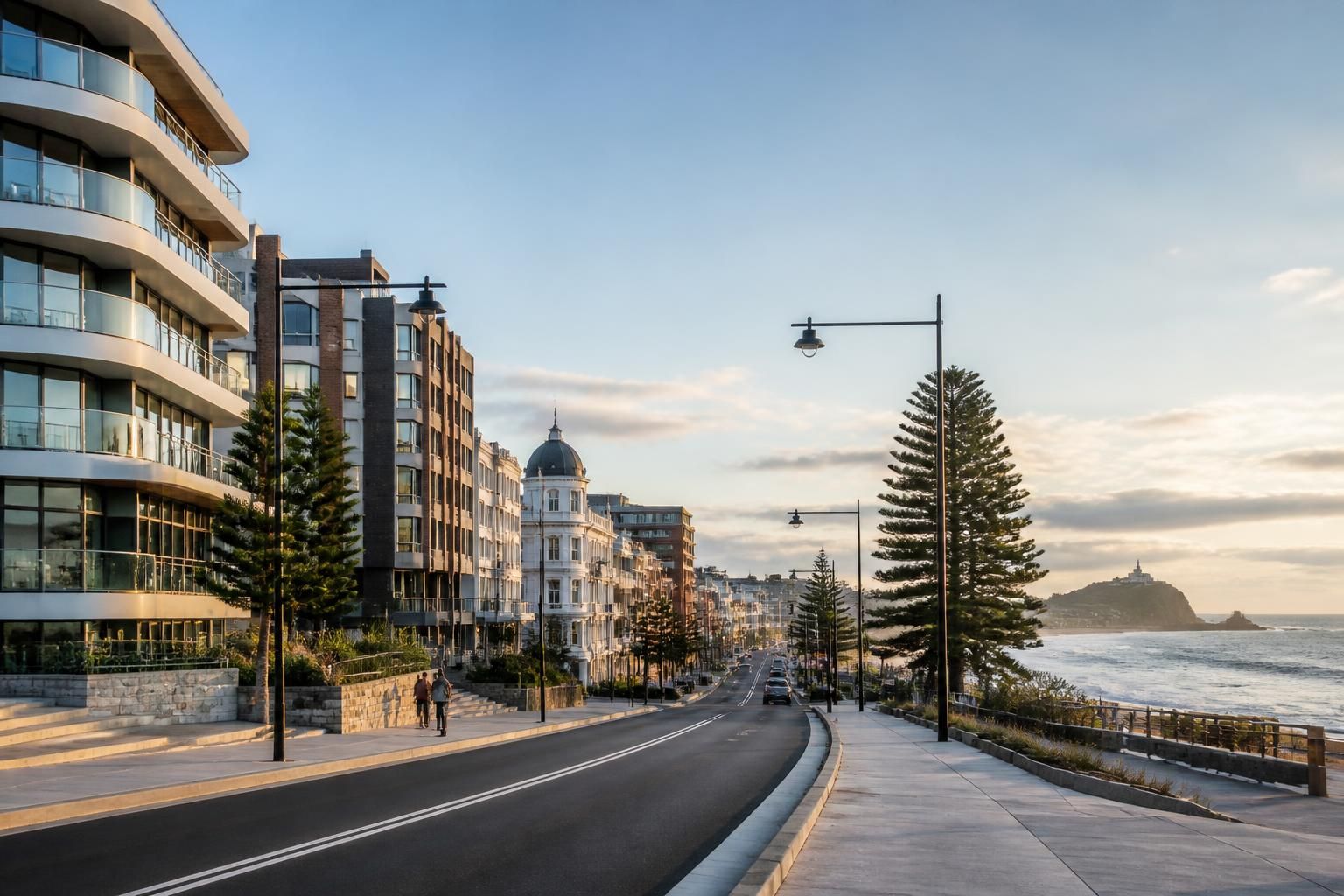 Newcastle coastal streetscape with modern buildings