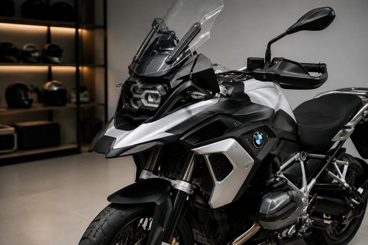 Premium BMW-style motorcycle in a clean showroom setting