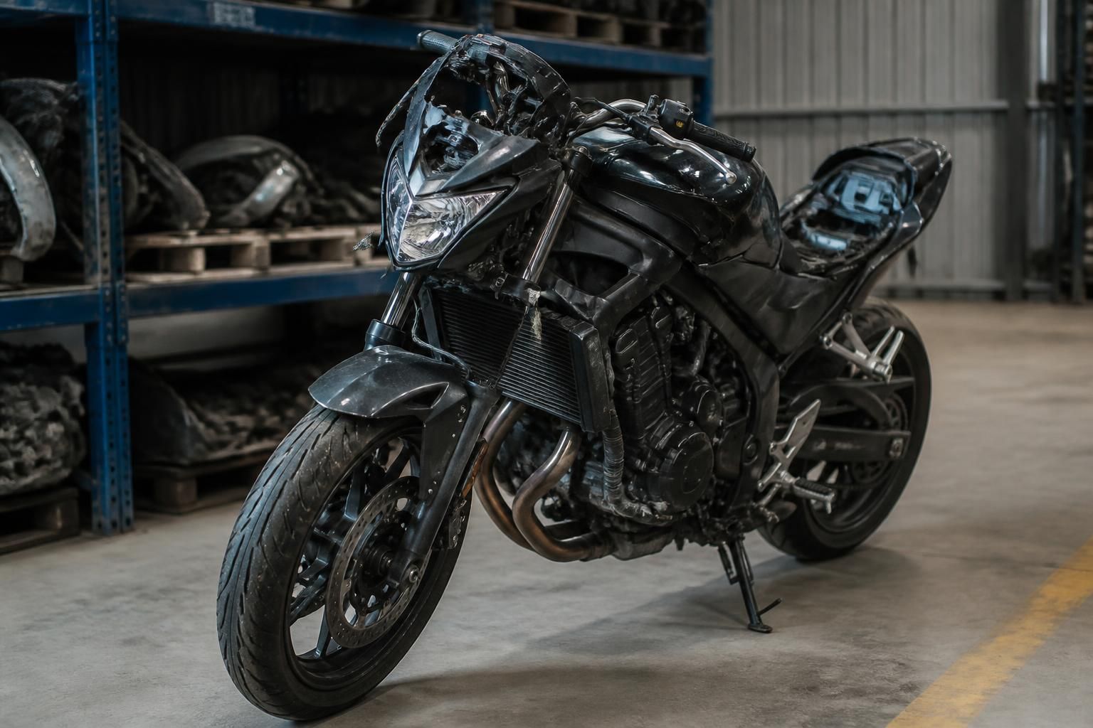 Damaged motorcycle in a tidy collection area