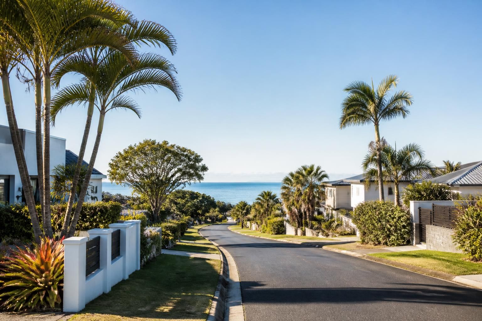 Sunshine Coast street scene with palm trees and bright light